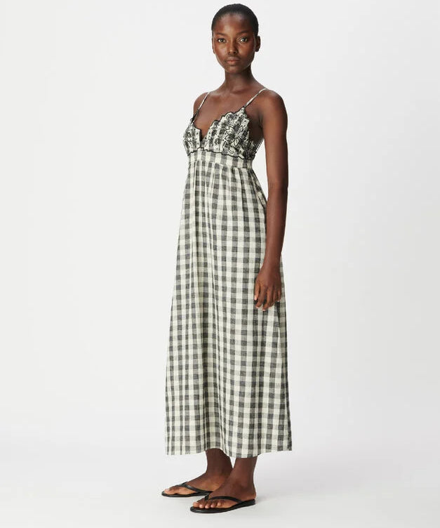 Robe longue bohème à carreaux et broderies Yvia - Ecru & Noir - IKKS WOMEN