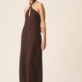 Robe longue dos nu en lin à col halter Tahiti - Terre - DES PETITS HAUTS