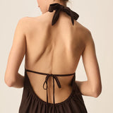 Robe longue dos nu en lin à col halter Tahiti - Terre - DES PETITS HAUTS