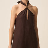 Robe longue dos nu en lin à col halter Tahiti - Terre - DES PETITS HAUTS