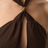 Robe longue dos nu en lin à col halter Tahiti - Terre - DES PETITS HAUTS