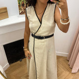 Robe midi portefeuille ceinturée Vijasmine - Beige & Noire - VILA