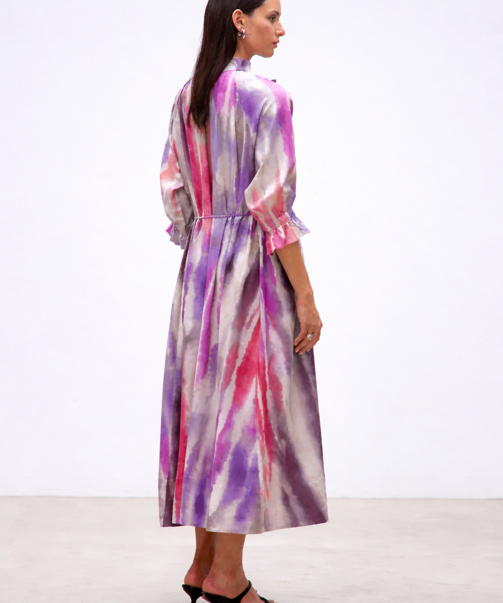 Robe midi trapèze à rayures aquarelle Cosmic - Mauve - SUNCOO