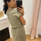 Robe courte fluide manches courtes col V en lin mélangé Marilou - Kaki - GRACE & MILA
