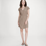 Robe courte fluide manches courtes col V en lin mélangé Marilou - Kaki - GRACE & MILA
