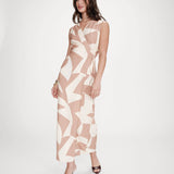 Robe longue portefeuille sans manches imprimé géographique Velline - Moka - GRACE & MILA
