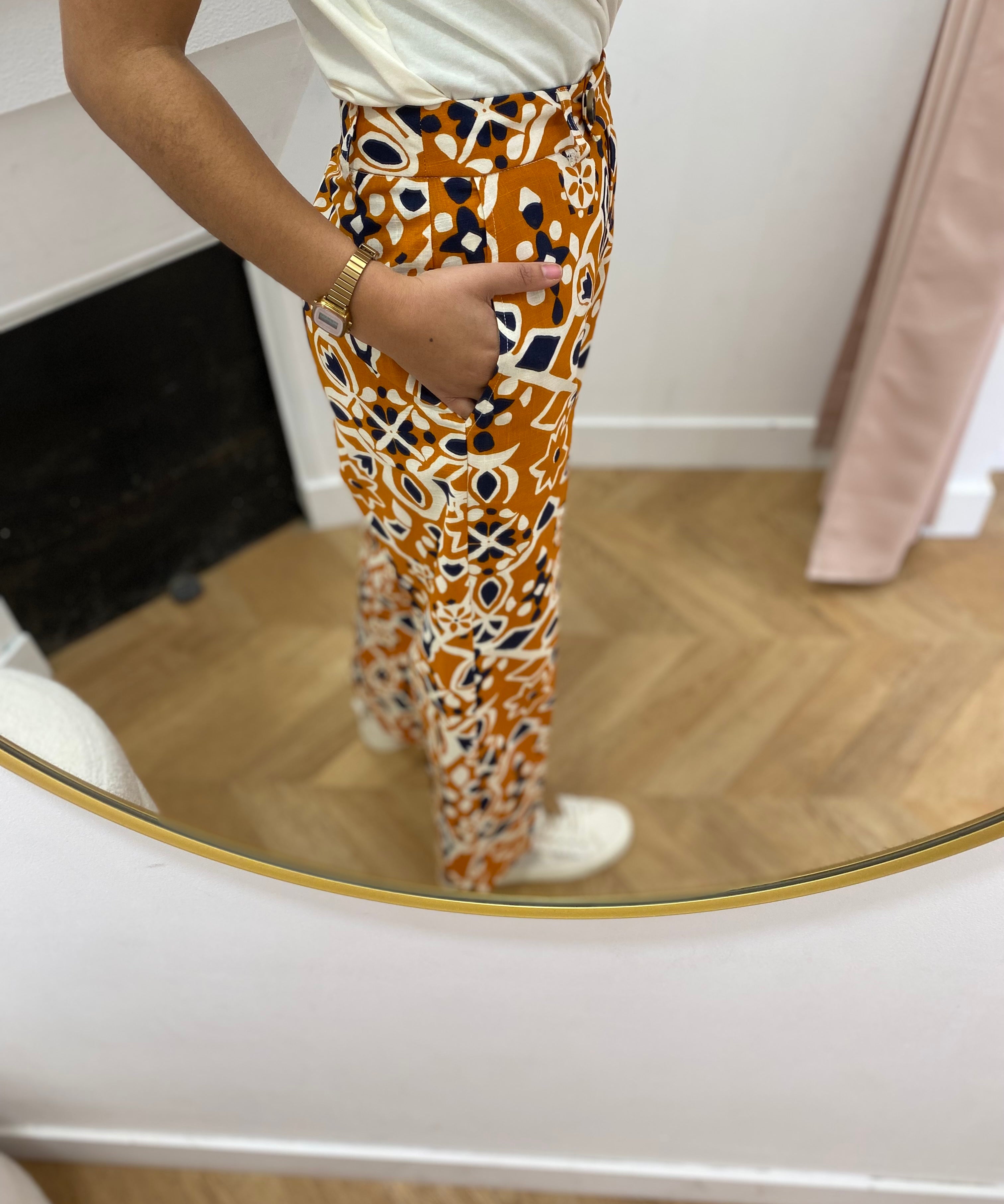 Pantalon droit 7/8 taille haute à motifs - Varsy - Cognac - GRACE & MILA