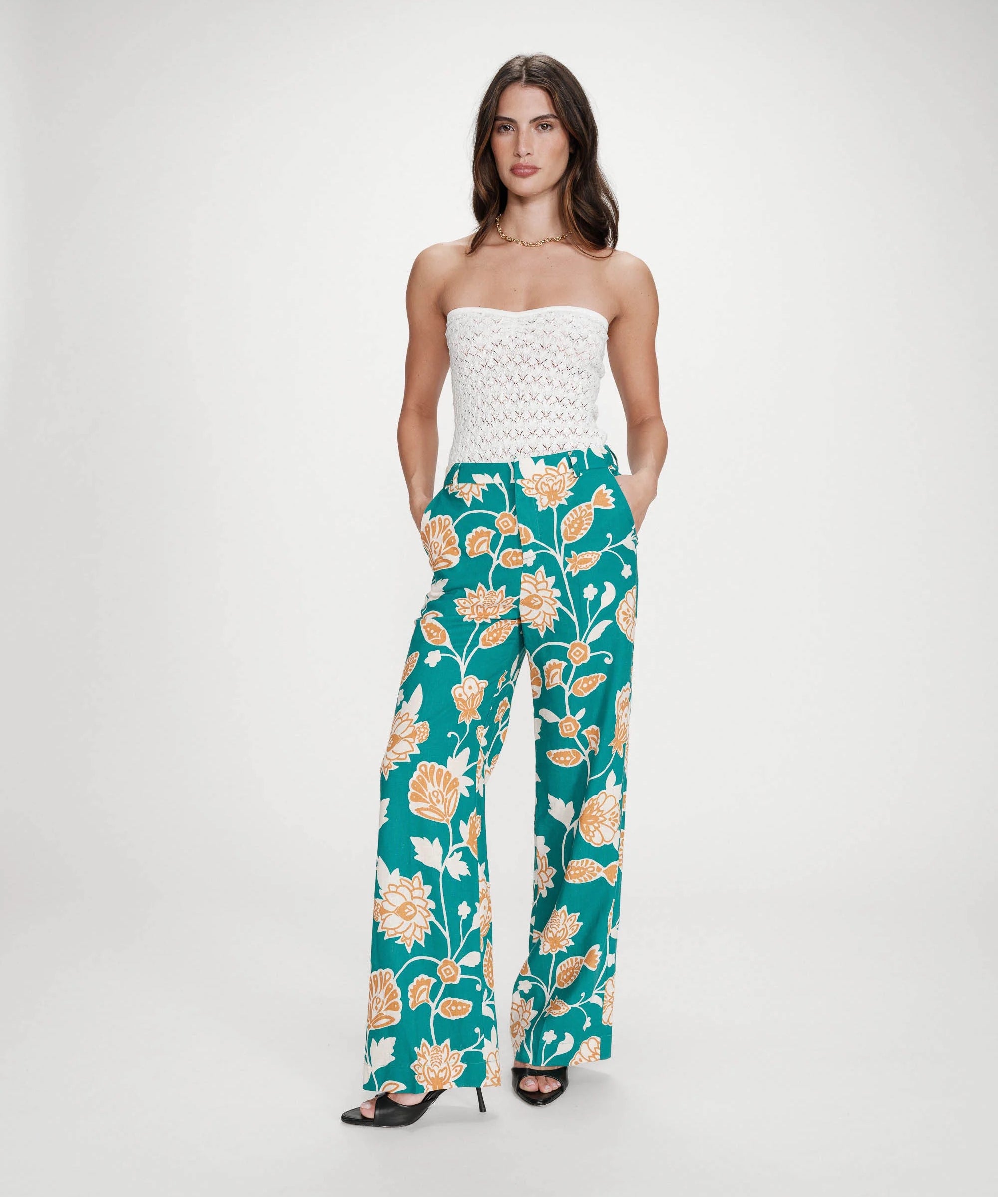 Pantalon taille haute jambe large imprimé floral Varino - Vert - GRACE & MILA