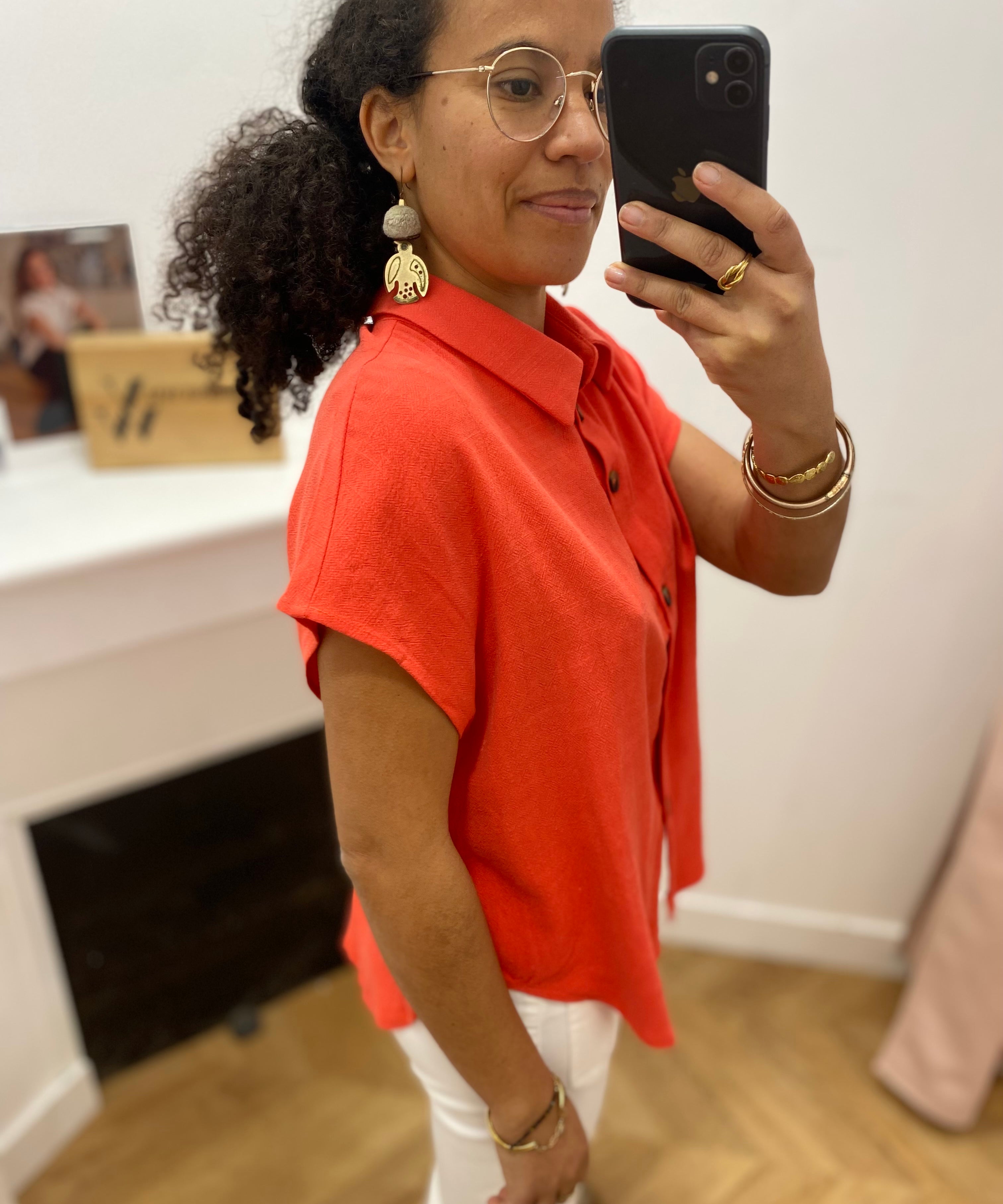 Chemise fluide à manches courtes en lin mélangé Perez - Sanguine - GRACE & MILA