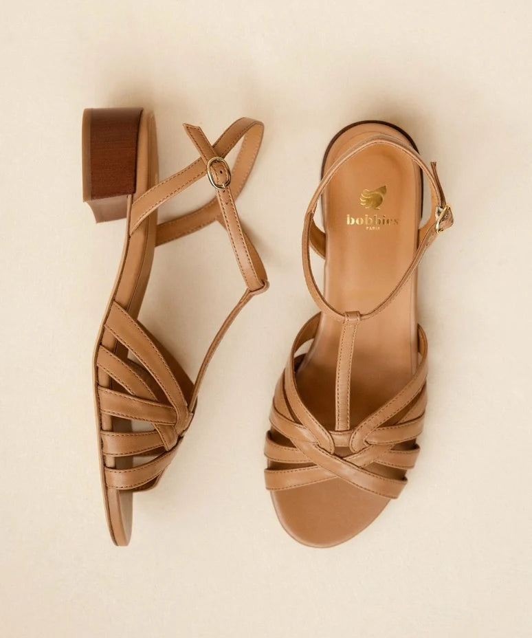 Sandales à talon carré en cuir Capri - Noisette - BOBBIES FEMME