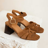 Sandales à talons carrés en cuir suédé Esther - Camel - BOBBIES FEMME