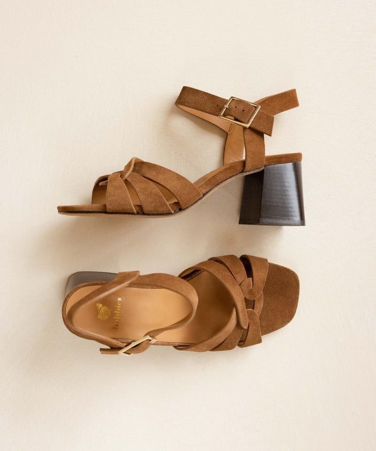 Sandales à talons carrés en cuir suédé Esther - Camel - BOBBIES FEMME