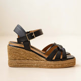 Sandales compensées en cuir et corde tressée Hisa - Noir passion - BOBBIES FEMME