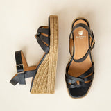 Sandales compensées en cuir et corde tressée Hisa - Noir passion - BOBBIES FEMME