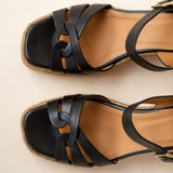 Sandales compensées en cuir et corde tressée Hisa - Noir passion - BOBBIES FEMME