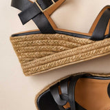 Sandales compensées en cuir et corde tressée Hisa - Noir passion - BOBBIES FEMME