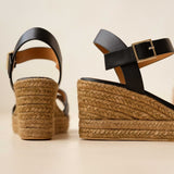 Sandales compensées en cuir et corde tressée Hisa - Noir passion - BOBBIES FEMME
