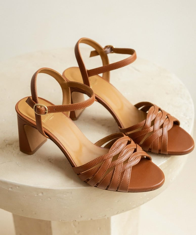 Sandales en cuir à talon bloc 6,5 cm Loren - Camel - BOBBIES FEMME