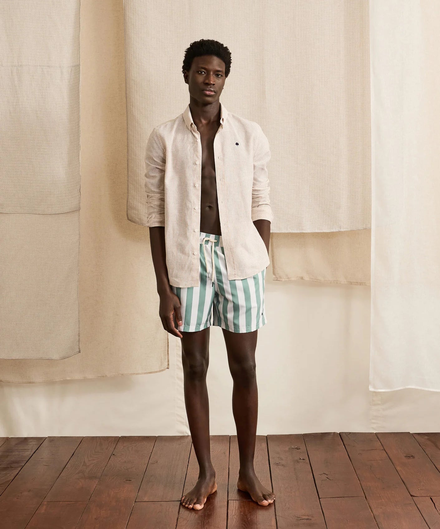 Short de bain rayé Mimizan - Ecru & Vert - FAGUO HOMME
