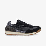 Vue de profil de la basket Schmoove Camden noire montrant le nylon, l'empiècement léopard et le glitter anthracite