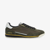 Vue de profil de la sneaker SCHMOOVE Camden vert kaki mettant en valeur le mélange de nylon, suède et la semelle de 3 cm