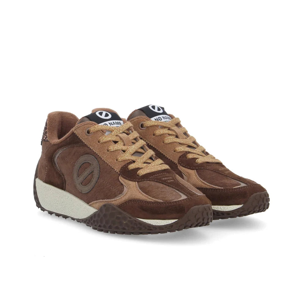 Sneakers No Name Kate marron choco en cuir pony et suede vues de trois-quarts avant