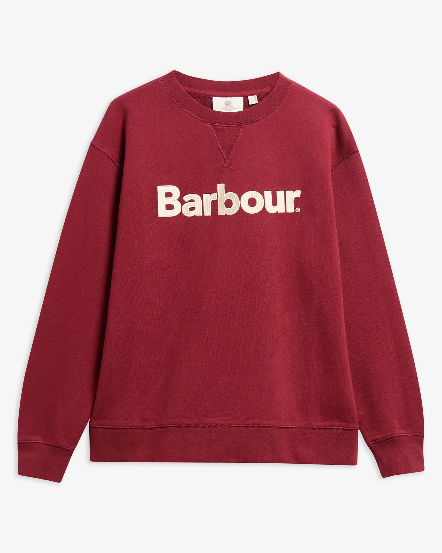 Vue à plat du sweat col rond Hartland rouge canneberge BARBOUR FEMME en coton