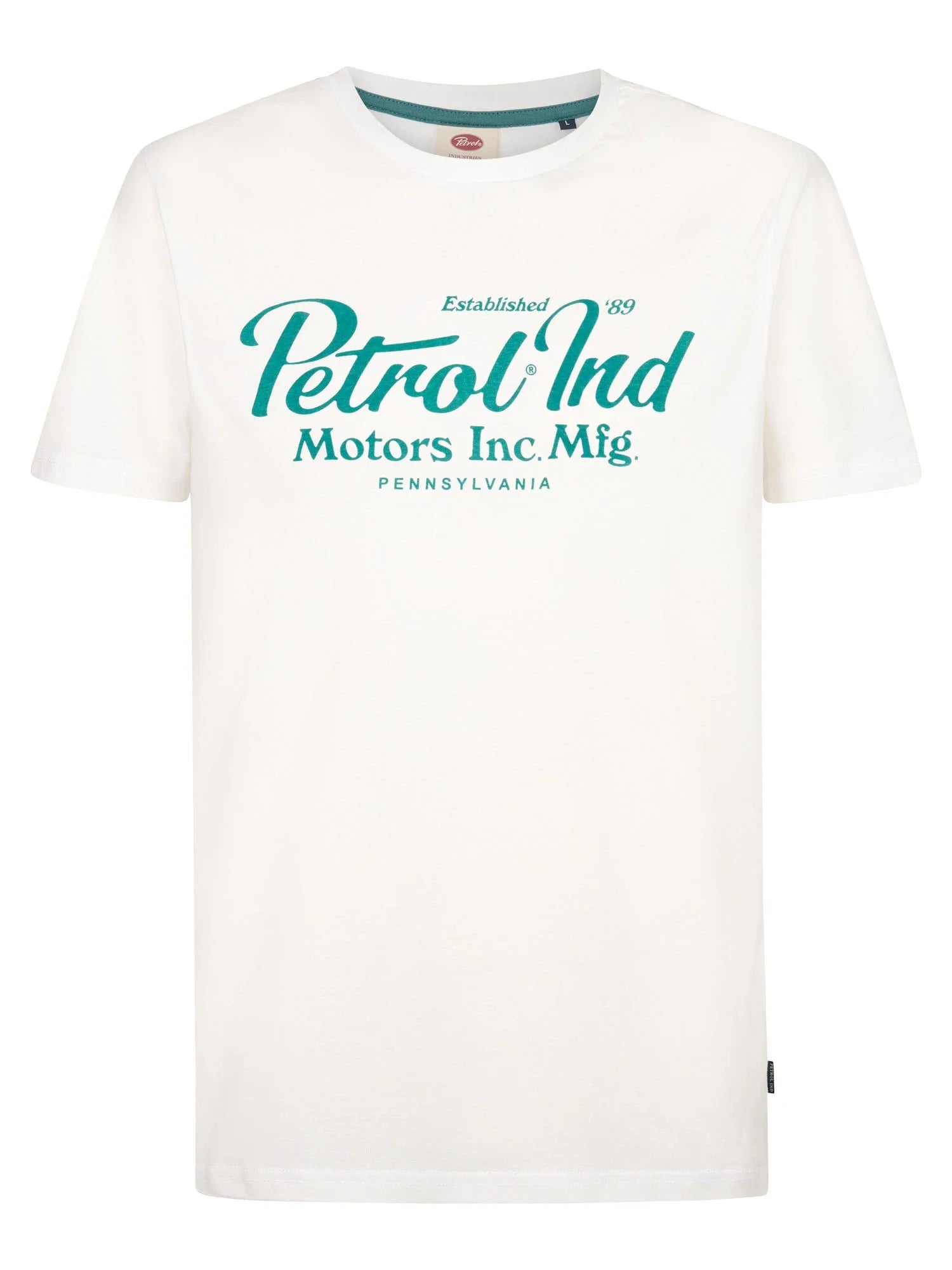 Vue à plat du t-shirt blanc Anderson PETROL INDUSTRIES montrant l'imprimé vert poitrine
