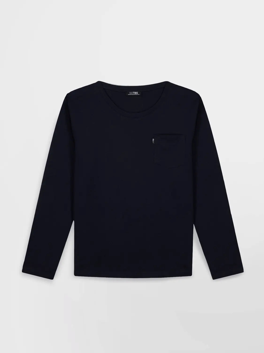 Vue à plat du t-shirt manches longues marine TBS HOMME Kysonlon avec poche poitrine