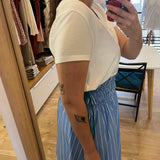 T-shirt col V à décor perles-bijou B310305 - Blanc - IKKS WOMEN