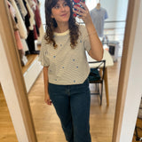 T-shirt court rayé avec fleurs brodés Josef - Crème & Ciel - DES PETITS HAUTS