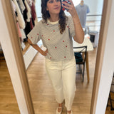 T-shirt court rayé avec fleurs brodés Josef - Marine & Homard - DES PETITS HAUTS