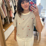 T-shirt court rayé avec fleurs brodés Josef - Marine & Homard - DES PETITS HAUTS