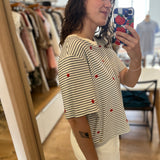 T-shirt court rayé avec fleurs brodés Josef - Marine & Homard - DES PETITS HAUTS