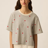 T-shirt court rayé avec fleurs brodés Josef - Marine & Homard - DES PETITS HAUTS