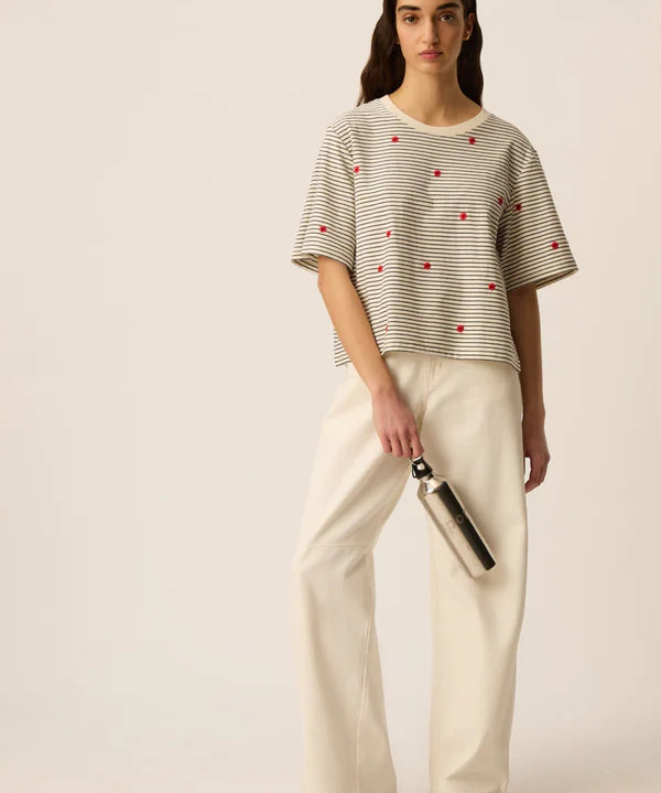 T-shirt court rayé avec fleurs brodés Josef - Marine & Homard - DES PETITS HAUTS