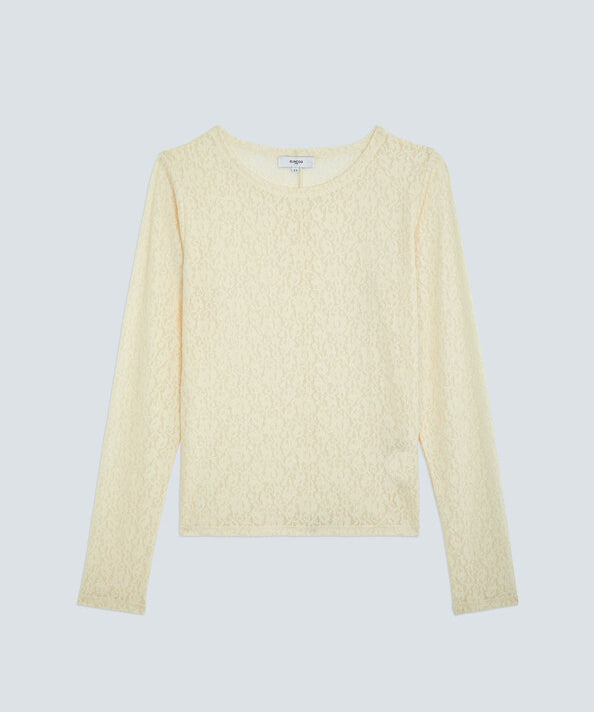 Visuel à plat du t-shirt à manches longues en dentelle stretch crème SUNCOO FEMME Molly