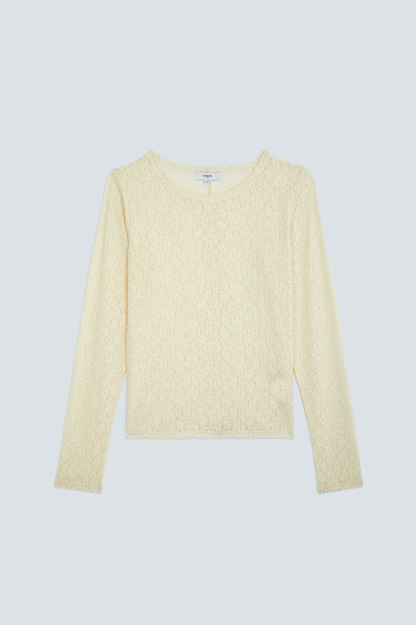 Visuel à plat du t-shirt à manches longues en dentelle stretch crème SUNCOO FEMME Molly