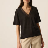 T-shirt en lin avec col V en dentelle Hela - Noir - DES PETITS HAUTS
