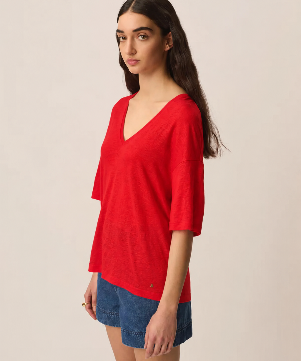 T-shirt oversize en lin col V Hanabelle - DES PETITS HAUTS