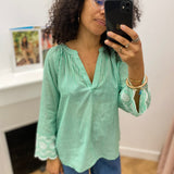 Blouse femme rayée en coton avec broderies manches - Verte - LOLA ESPELETA