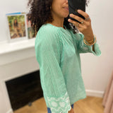 Blouse femme rayée en coton avec broderies manches - Verte - LOLA ESPELETA