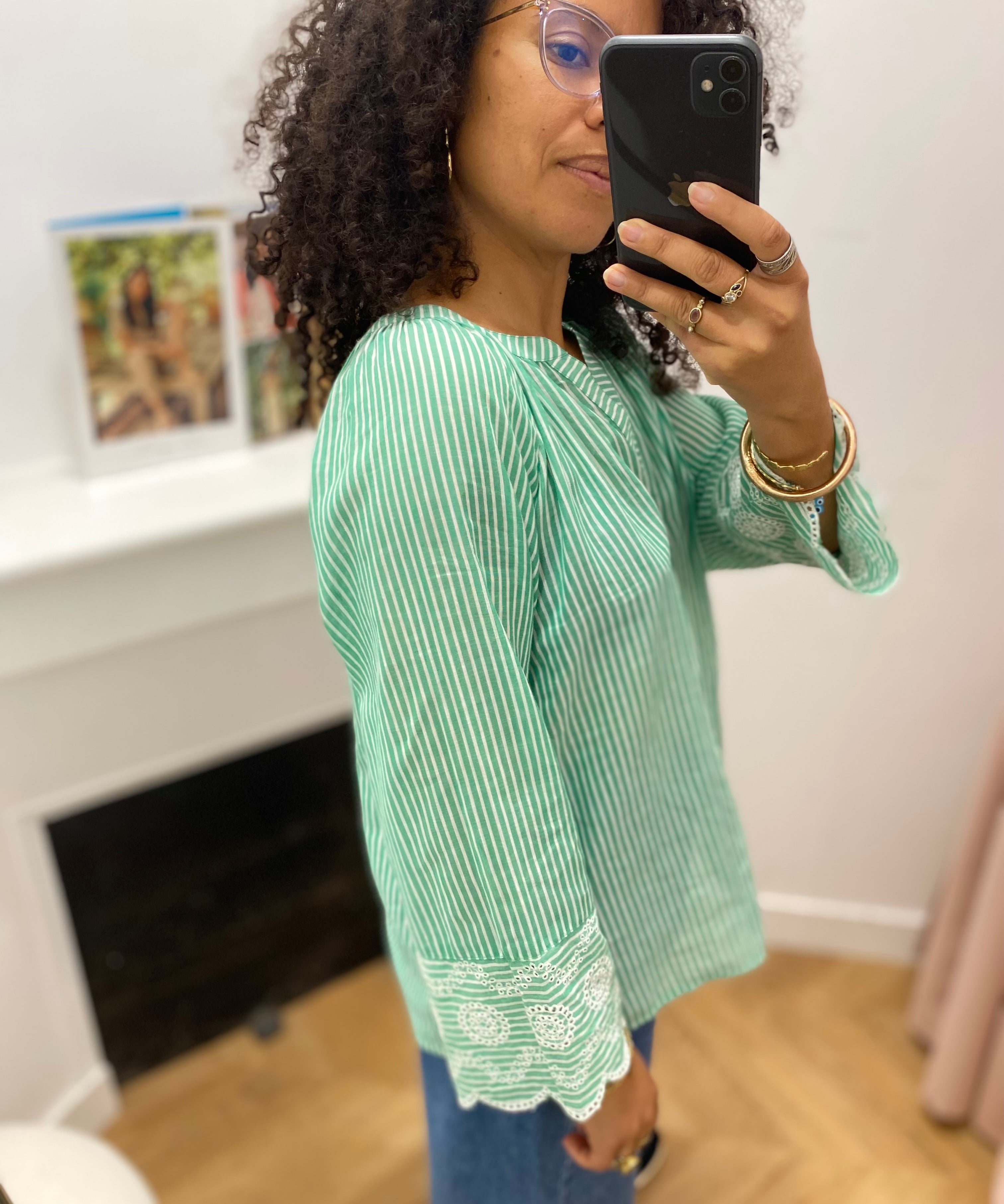 Blouse femme rayée en coton avec broderies manches - Verte - LOLA ESPELETA