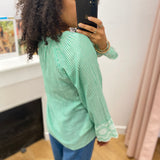 Blouse femme rayée en coton avec broderies manches - Verte - LOLA ESPELETA