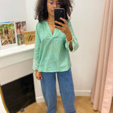 Blouse femme rayée en coton avec broderies manches - Verte - LOLA ESPELETA