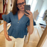 Top jean rayé volanté Lisette - Bleu - DES PETITS HAUTS