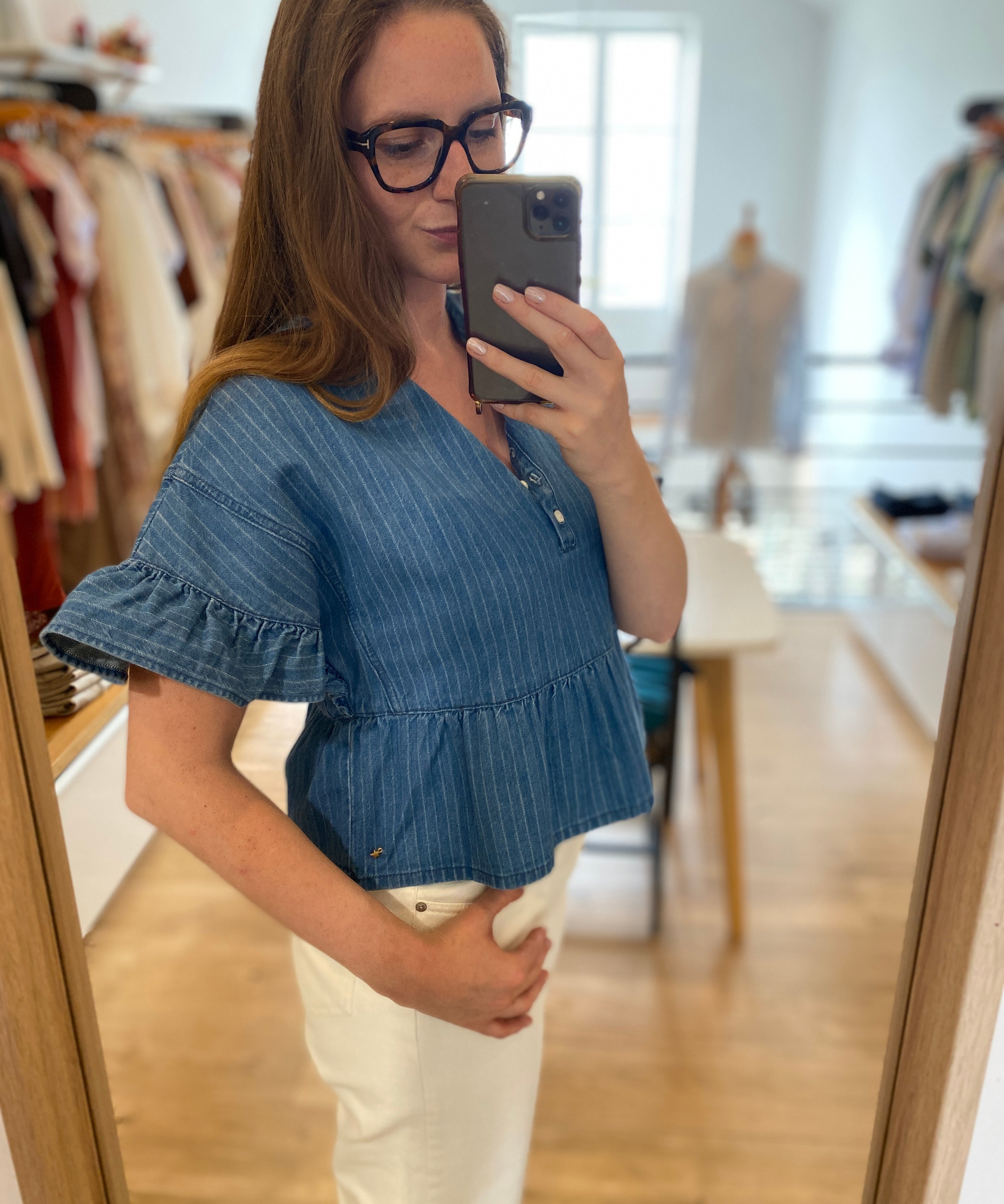 Top jean rayé volanté Lisette - Bleu - DES PETITS HAUTS