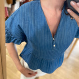 Top jean rayé volanté Lisette - Bleu - DES PETITS HAUTS
