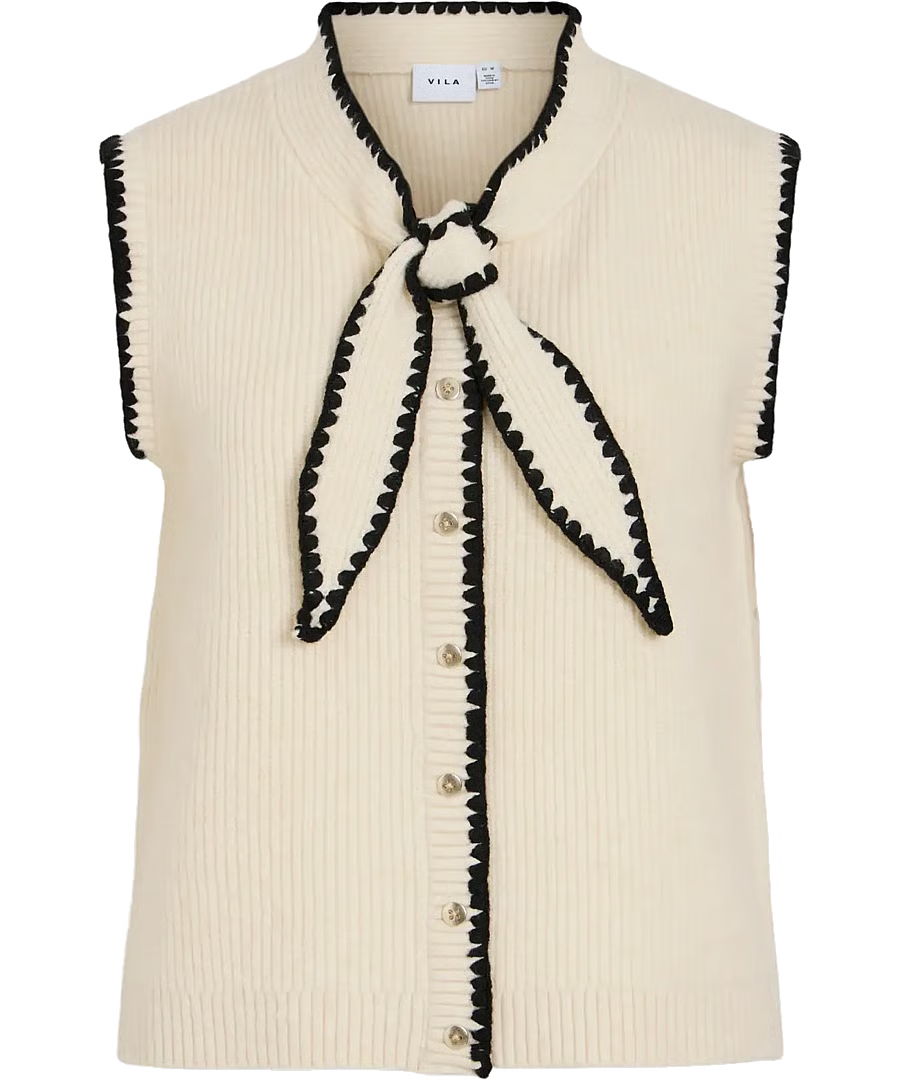Top sans manches en maille côtelée beige VILA Viceleste avec col lavallière noué et bordures festonnées noires vue de face