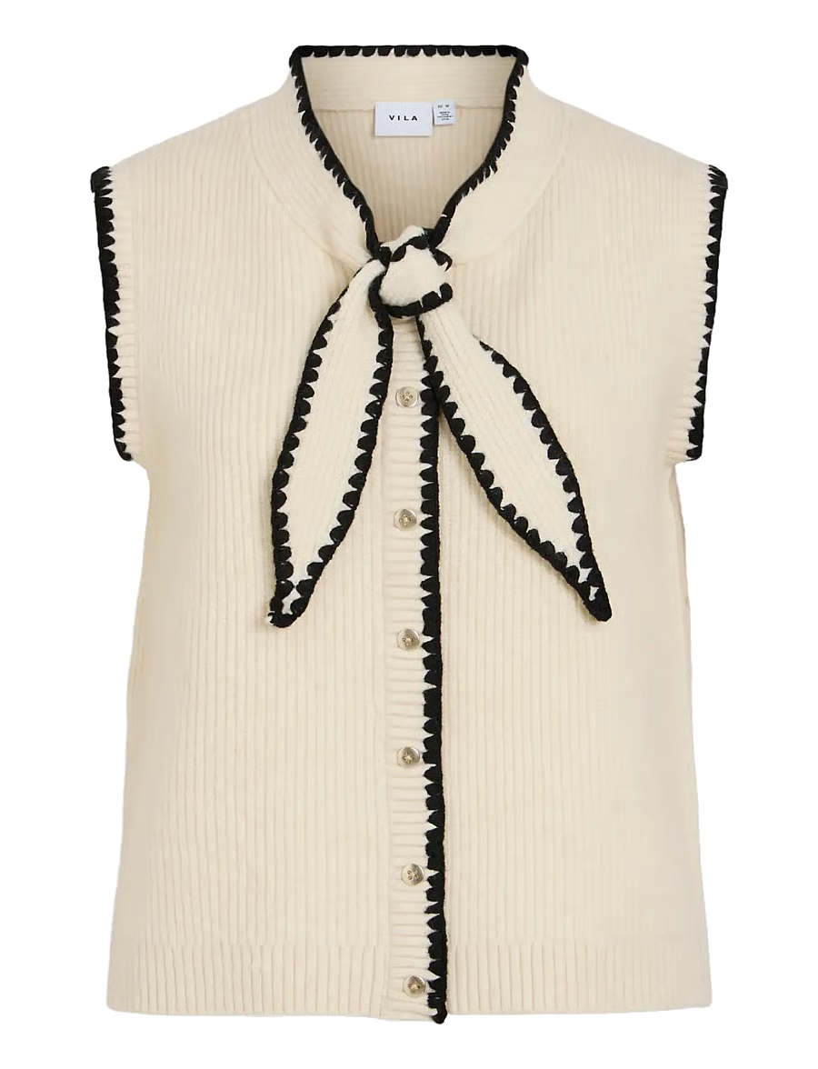 Top sans manches en maille côtelée beige VILA Viceleste avec col lavallière noué et bordures festonnées noires vue de face